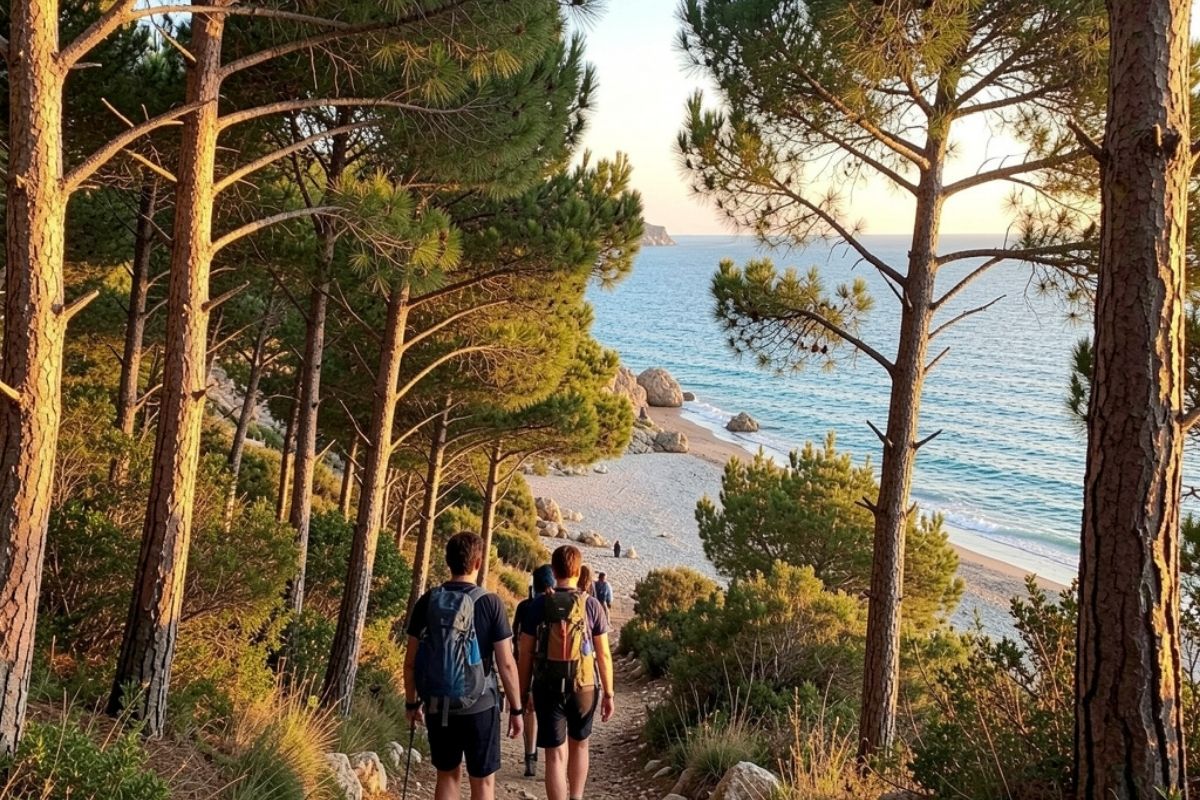 Escursionisti su sentiero naturalistico tra pineta e spiaggia a Porto Selvaggio, luce dorata e mare sullo sfondo